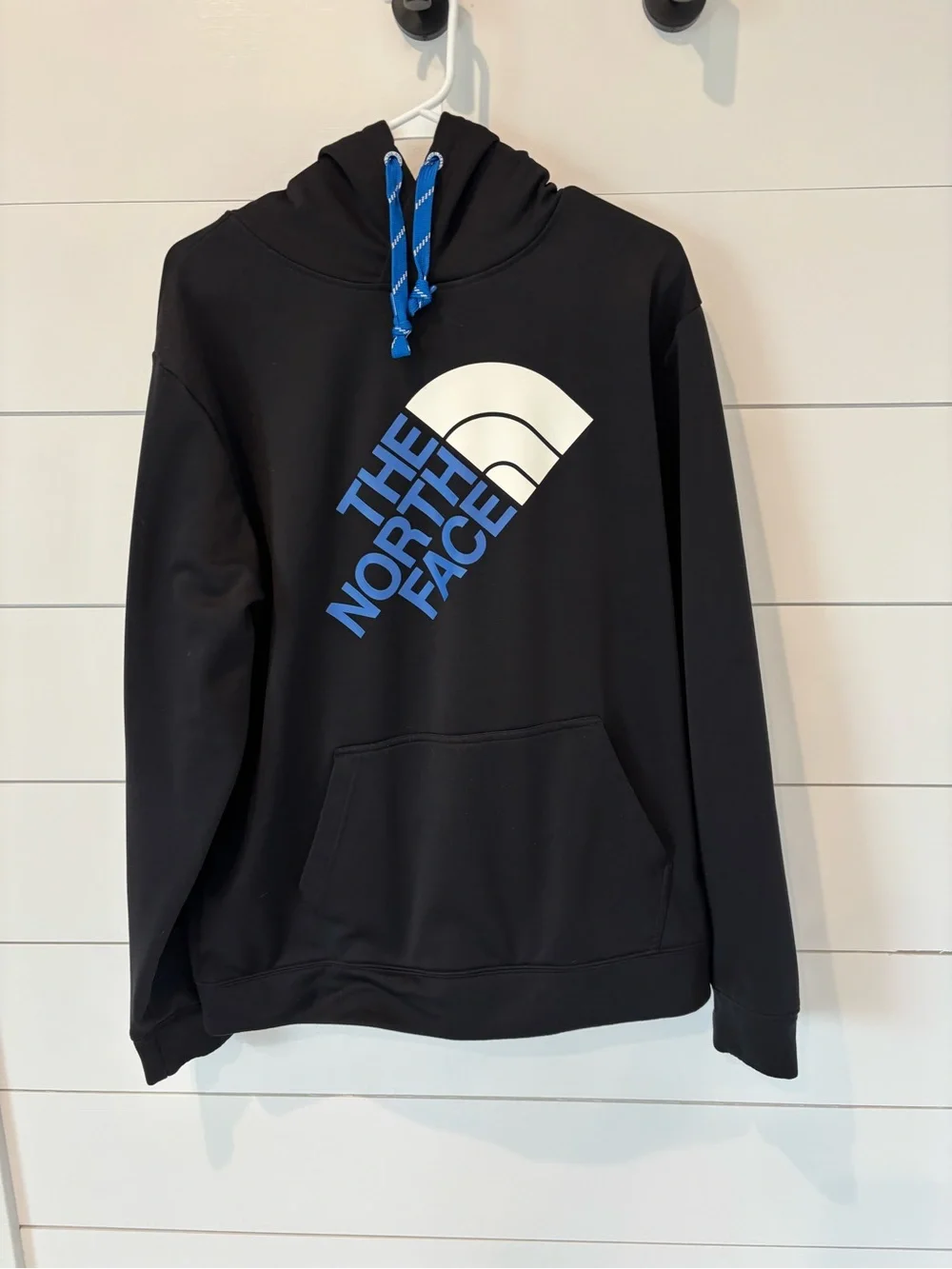 The North Face Black Hoodie with Blue and White Logo-Large